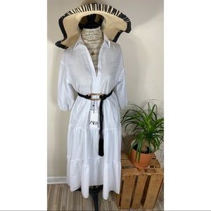 Zara white three tier dress, black tassel belt